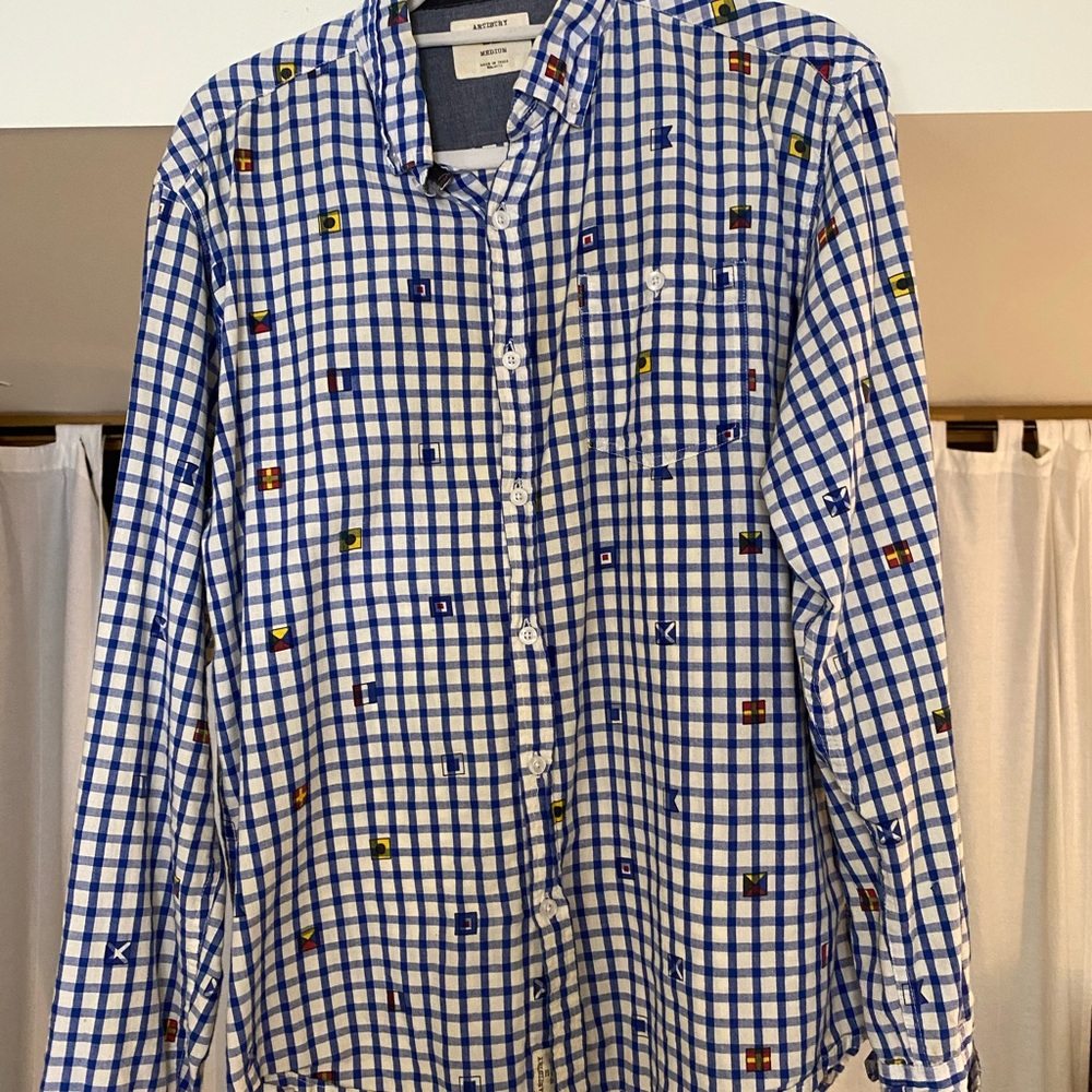 Blue plaid shirt w/ nautical flags